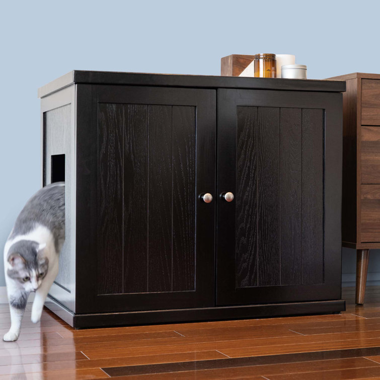 The Refined Litter Box Wood Cat Litter Box Enclosure Cabinet with Drawer Cottage Style Color White Size 27.75 H x 33.5 W x 23 D
